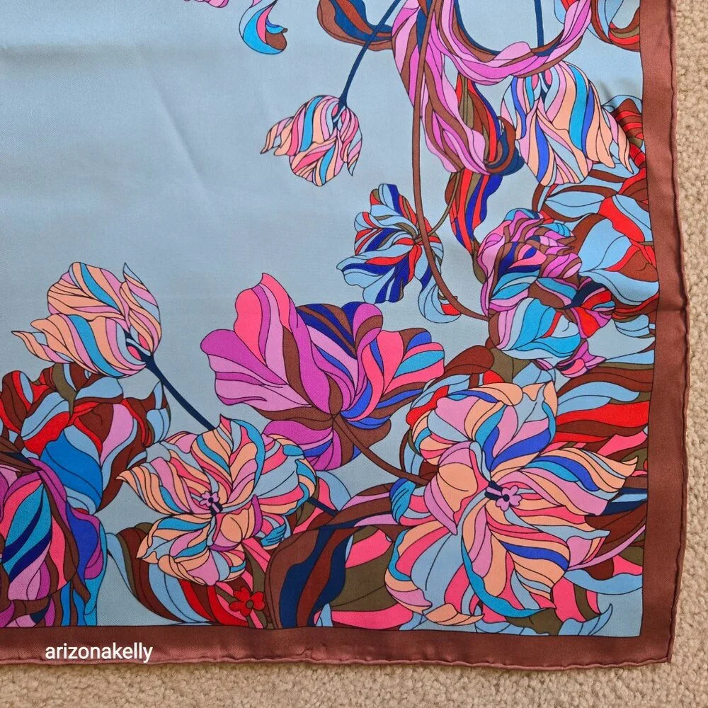 Eleganzza Silk Twill Scarf Floral Hand Rolled Edges